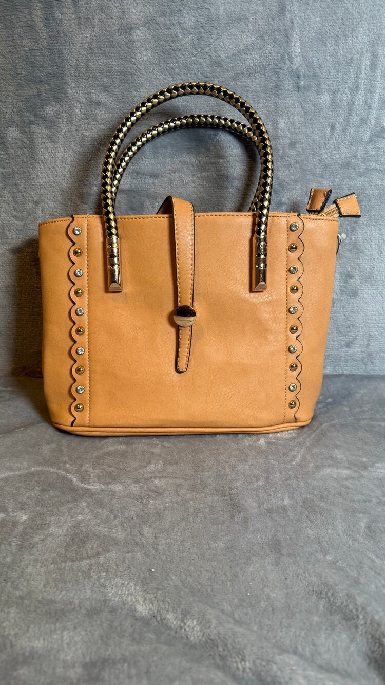 Tan Faux Leather Studded Satchel Handbag Braided Handles Crossbody Strap